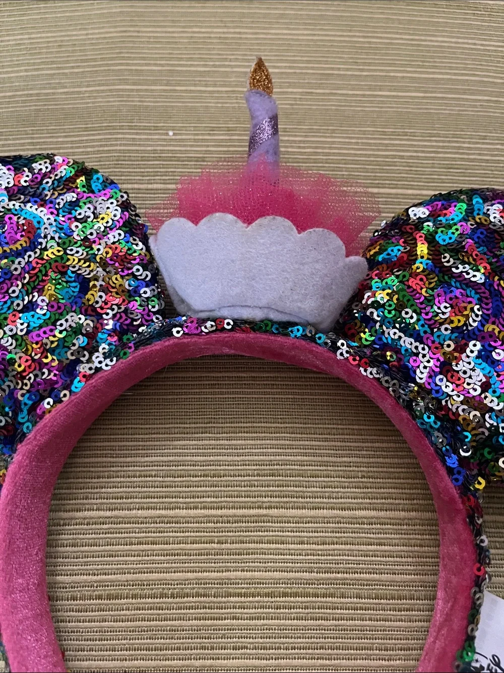 Disney Pink Sequin birthday cupcake Minnie Ears Headband